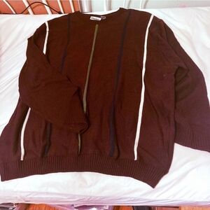 King Size Men's 5XL Big & Tall Maroon Striped Knit Crew Neck Sweater Fall EUC